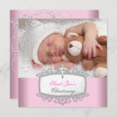 ベビーガールピンク《キリスト教》洗礼式や命名式バプティスクロスホワイト 案内状 (正面/裏面)