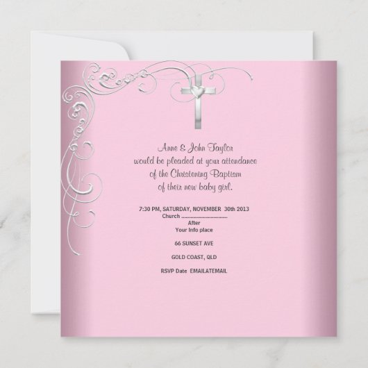 ベビーガールピンク《キリスト教》洗礼式や命名式バプティスクロスホワイト 案内状 (裏面)
