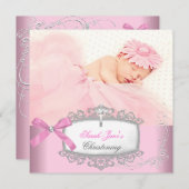 ベビーガールピンク《キリスト教》洗礼式や命名式バプティスクロスホワイト 案内状 (正面/裏面)