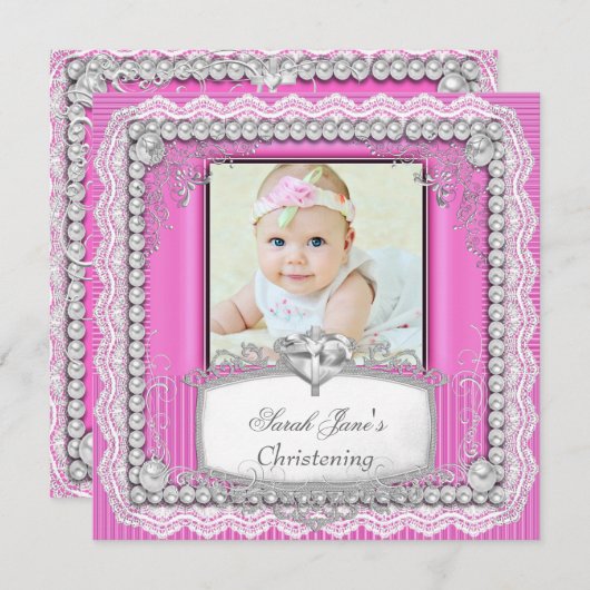 ベビーガールピンク《キリスト教》洗礼式や命名式バプティスクロレース 招待状 (正面/裏面)