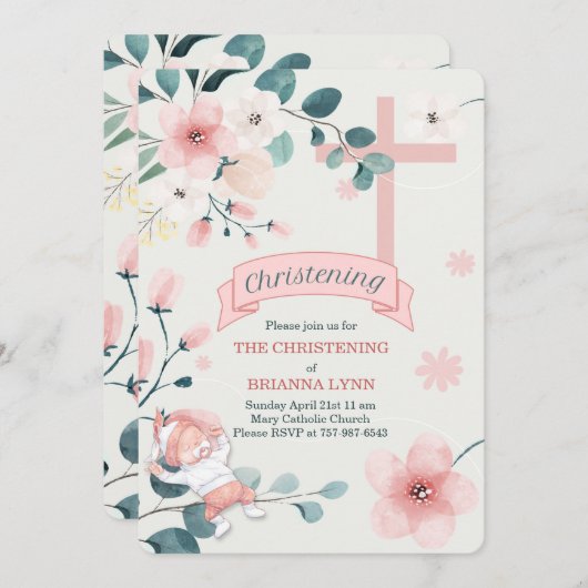 ベビーガールピーチパーズ&ティール（緑がかった色）《キリスト教》洗礼式や命名式 招待状 (正面/裏面)