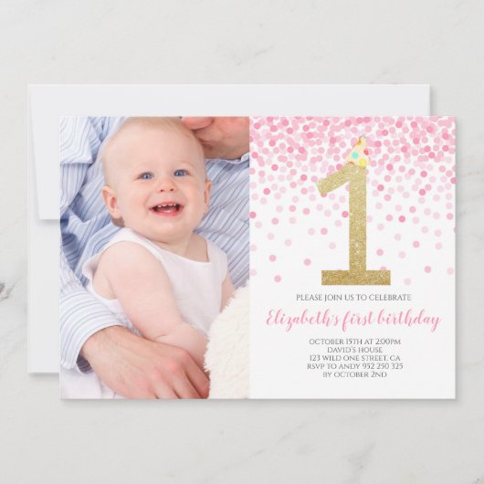 ベビーガールファーストフォト誕生日ピンク紙吹雪ガール 招待状 (正面)