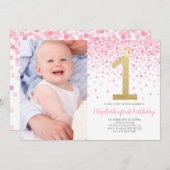 ベビーガールファーストフォト誕生日ピンク紙吹雪ガール 招待状 (正面/裏面)