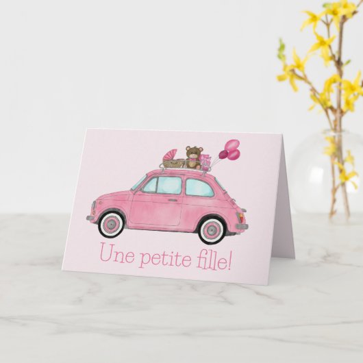 ベビーガールフィアット500フランスのおめでとう カード (黄色い花)