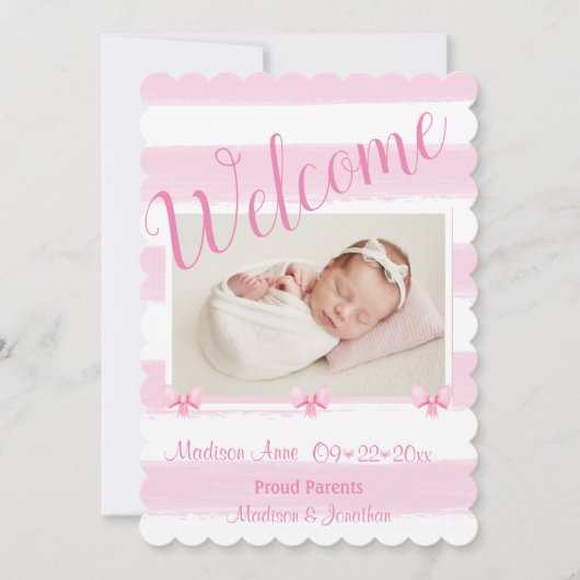 ベビーガールフォトウェルカムスクリプトガーリー誕生 案内状 (正面)