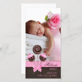 ベビーガールフォトカード告知ケーキポップピンク 案内状 (正面/裏面)