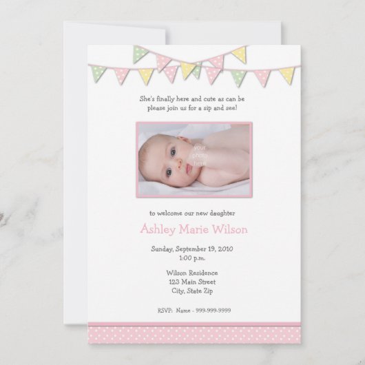 ベビーガールフォトシップアンドシー招待状 招待状 (正面)