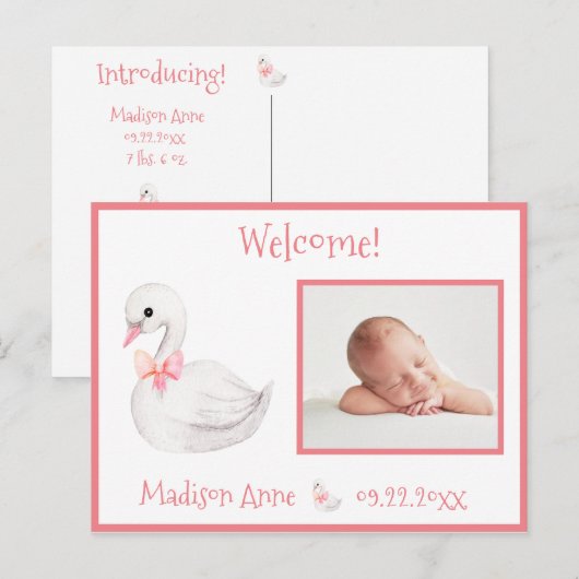 ベビーガールフォトピンクタイポグラフィ名統計 案内ポストカード (正面/裏面)