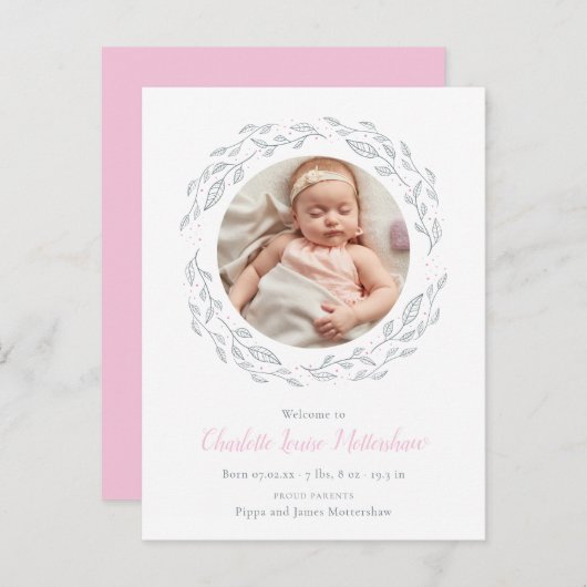ベビーガールフォトピンクモダンフローラエレガント誕生 案内ポストカード (正面/裏面)