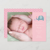 ベビーガールフォトピンク水玉模様ゾウ誕生 案内ポストカード (正面/裏面)