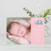ベビーガールフォトピンク水玉模様ゾウ誕生 案内状 (スタンド正面)
