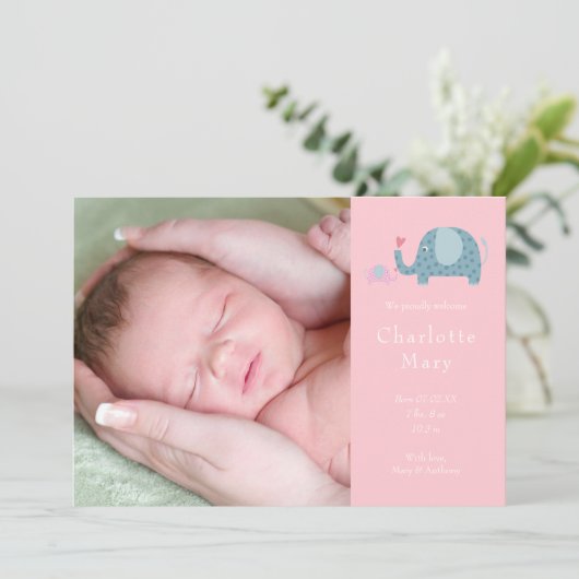 ベビーガールフォトピンク水玉模様ゾウ誕生 案内状 (スタンド正面)