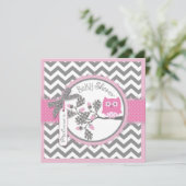 ベビーガールフクロウシェブロンプリントベビーシャワー 招待状 (スタンド正面)