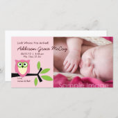 ベビーガールフクロウテーマ誕生発表写真カード 案内状 (正面/裏面)