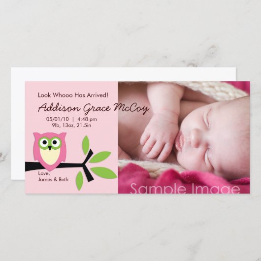 ベビーガールフクロウテーマ誕生発表写真カード 案内状 (正面/裏面)