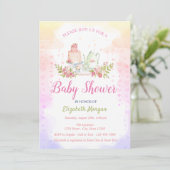 ベビーガールフローラティーポットベビーシャワー 招待状 (スタンド正面)