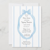 ベビーガールブルーと白の壁紙リボン枠 招待状 (正面)