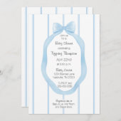 ベビーガールブルーと白の壁紙リボン枠 招待状 (正面/裏面)