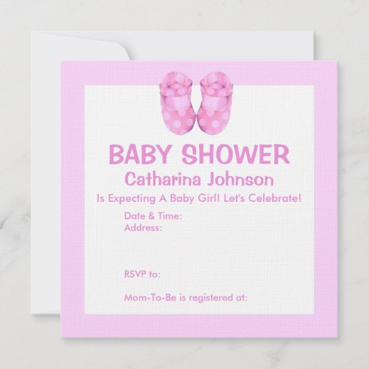 ベビーガールブーティーズベビーシャワー招待状 招待状 (正面)