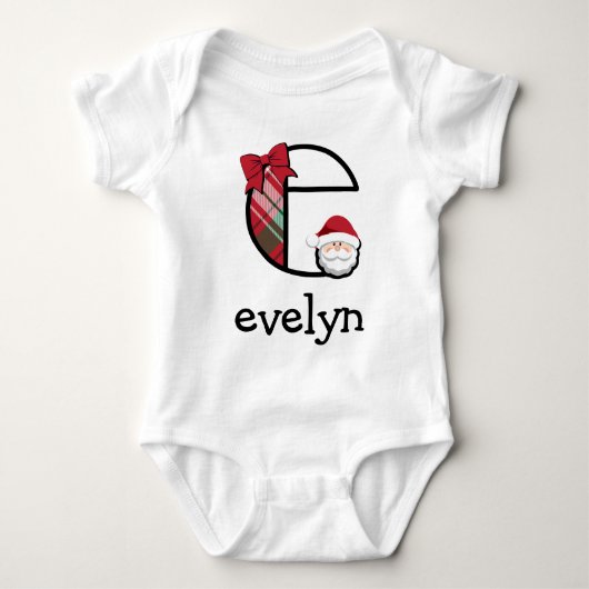 ベビーガールプレイドサンタクリスマスボディスーツイニシャルe ベビーボディスーツ (正面)