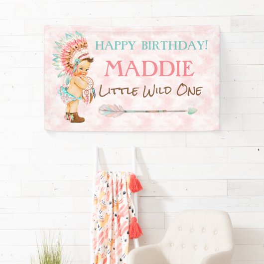 ベビーガールヘアドレ先住民アメリカンピンクアクア 横断幕 (インサイチュ)