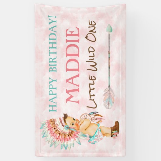 ベビーガールヘアドレ先住民アメリカンピンクアクア 横断幕 (縦)