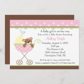 ベビーガールベアキャリッジベビーシャワー招待状 招待状 (正面/裏面)