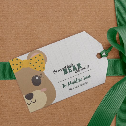 ベビーガールベアーグリーン&金ゴールド ギフトタグ