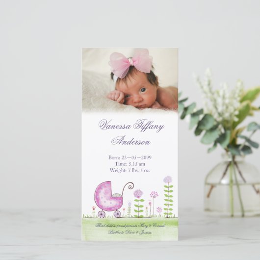 ベビーガールベビーカー出産発表フォトカード 案内状 (スタンド正面)
