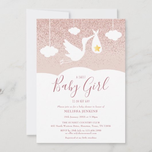 ベビーガールベビーシャワーストークバラ金ゴールドグリッター 招待状 (正面)