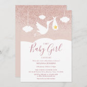ベビーガールベビーシャワーストークバラ金ゴールドグリッター 招待状 (正面/裏面)