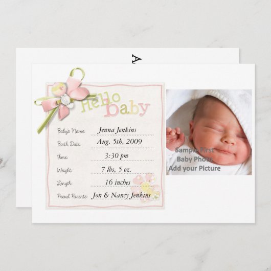 ベビーガールベビー発表生まれたばかりの 案内状 (正面/裏面)
