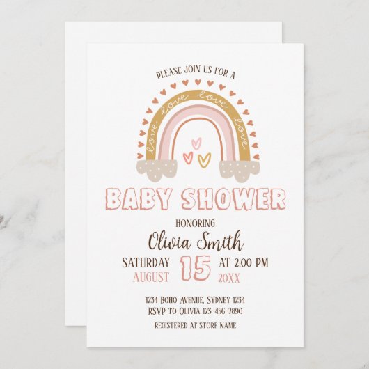 ベビーガールボホレインボーベビーシャワー 招待状 (正面/裏面)