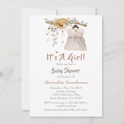 ベビーガールボーホグリーンリー素朴招待状 招待状 (正面)