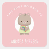 ベビーガールマウス&レインボーピンクグレーキッズネームおもしろい スクエアシール (正面)