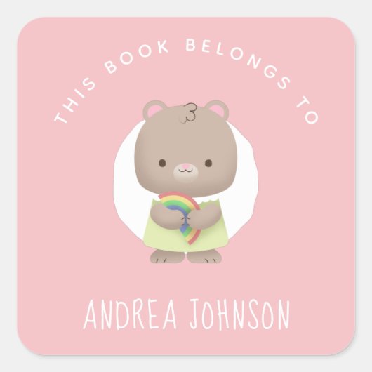ベビーガールマウス&レインボーピンクグレーキッズネームおもしろい スクエアシール (正面)