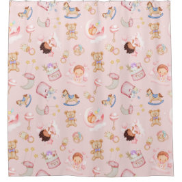 ベビーガールムーンスターベアーオモチャピンク背景 シャワーカーテン