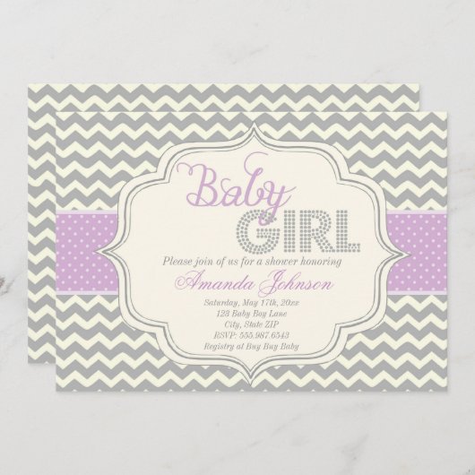 ベビーガールモダンシックシェブロンベビーシャワー招待状 招待状 (正面/裏面)