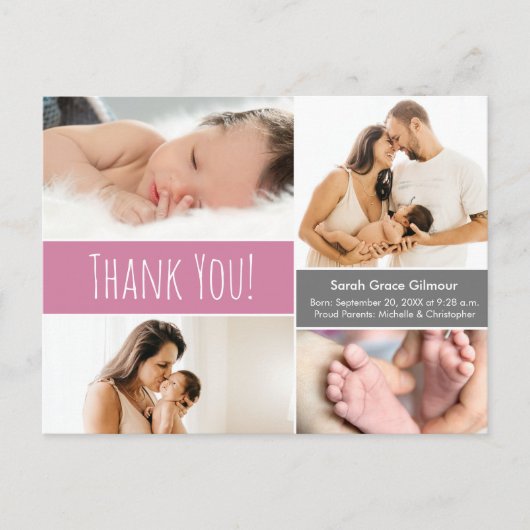 ベビーガールモダンピンク写真コラージュ赤ちゃんシャワー ポストカード (正面)
