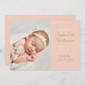 ベビーガールモダン金ゴールドスクリプトフォト誕生 案内状 (正面/裏面)