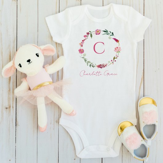 ベビーガールモノグラムピンクウォーターカラーフローラ ベビーボディスーツ
