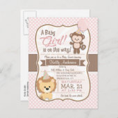 ベビーガールモンキーとライオンパステルベビーシャワー インビテーションポストカード (正面/裏面)