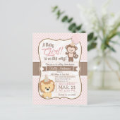 ベビーガールモンキーとライオンパステルベビーシャワー インビテーションポストカード (スタンド正面)