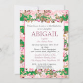 ベビーガールユダヤ人名前付けフローラグリーンピンクヘブライ 招待状 (正面)