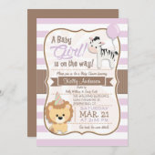 ベビーガールライオン&ゼブラパステルパープルベビーシャワー 招待状 (正面/裏面)