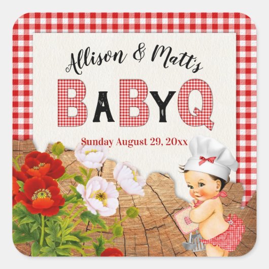 ベビーガールレッドギンガムウッドフローラベビーQ BBQ スクエアシール (正面)