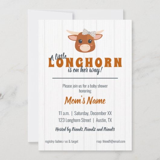 ベビーガールロングホーン焼きオレンジ赤ちゃんシャワー 招待状 (正面)