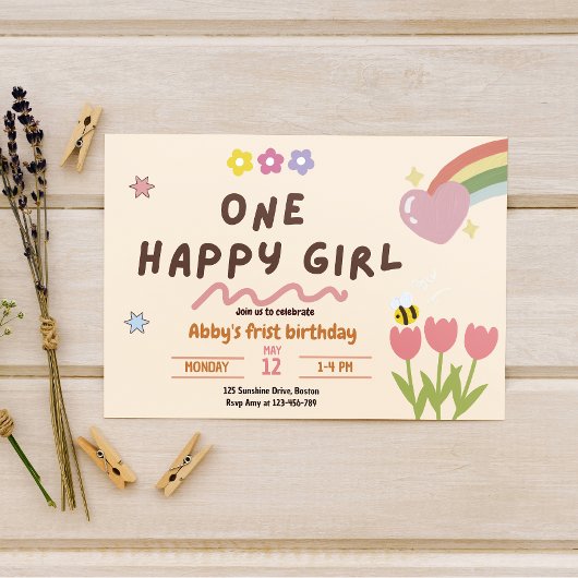 ベビーガールワンハッピーガール誕生日 招待状