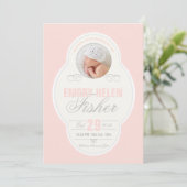 ベビーガールヴィンテージフレーム誕生の発表-ピンク 案内状 (スタンド正面)