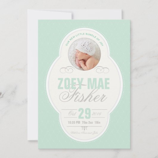 ベビーガールヴィンテージフレーム誕生発表-ミント 案内状 (正面)